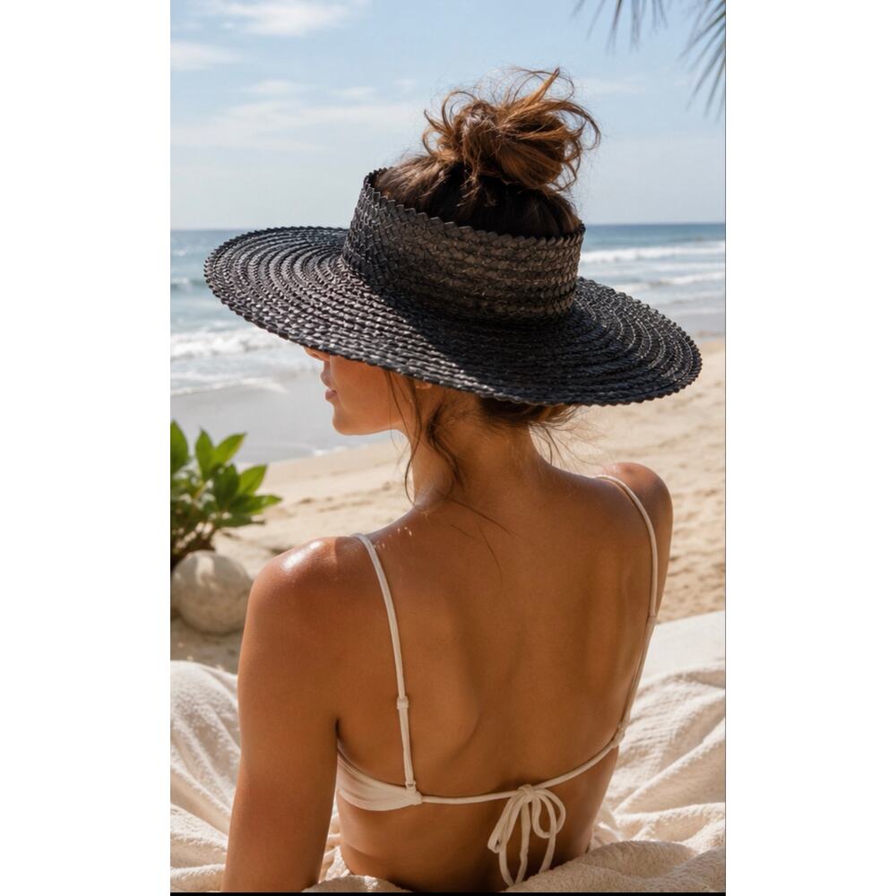 Village Thrive Holiday Papale Open Top Sun Hat Black Palm Leaf Bali S/M